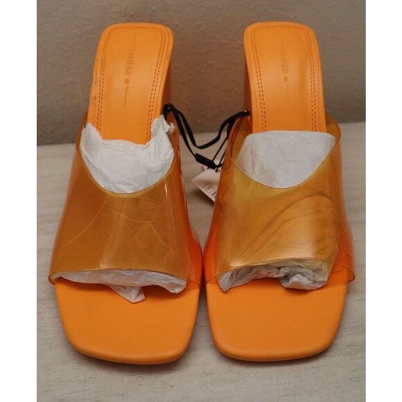 Bershka Women's Sz 9 Bright Orange Clear Detail  Square Toe Wedge Mules - Picture 6 of 12